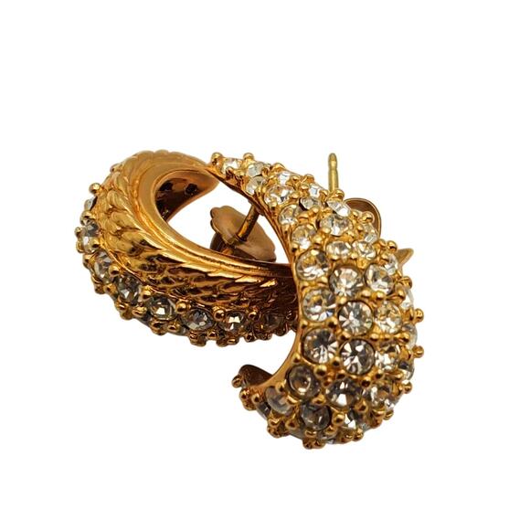 Krementz Crystal Half Hoop Earrings Pierced Post Pave Rhinestone Gold Tone - Picture 2 of 7